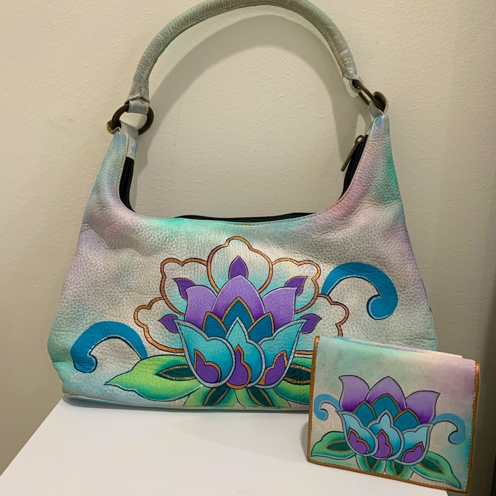 Anuschka Hand-painted Leather Lotus Flower Design Handbag with Matching Wallet